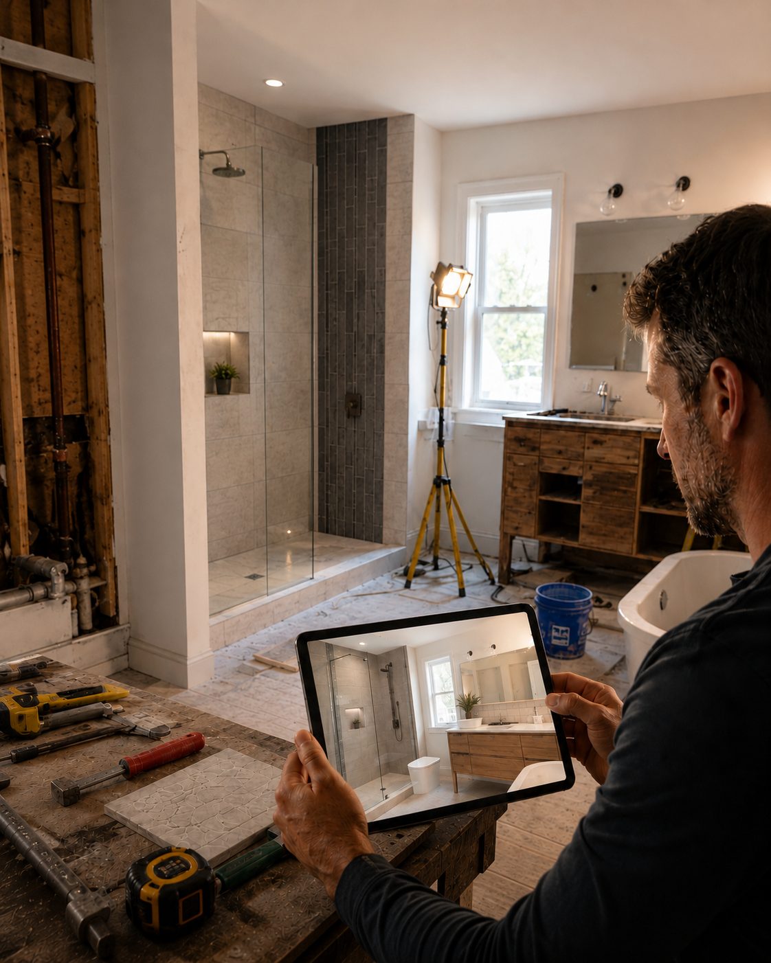 A remodeler in a bathroom under renovation reviewing a booked appointment on a tablet